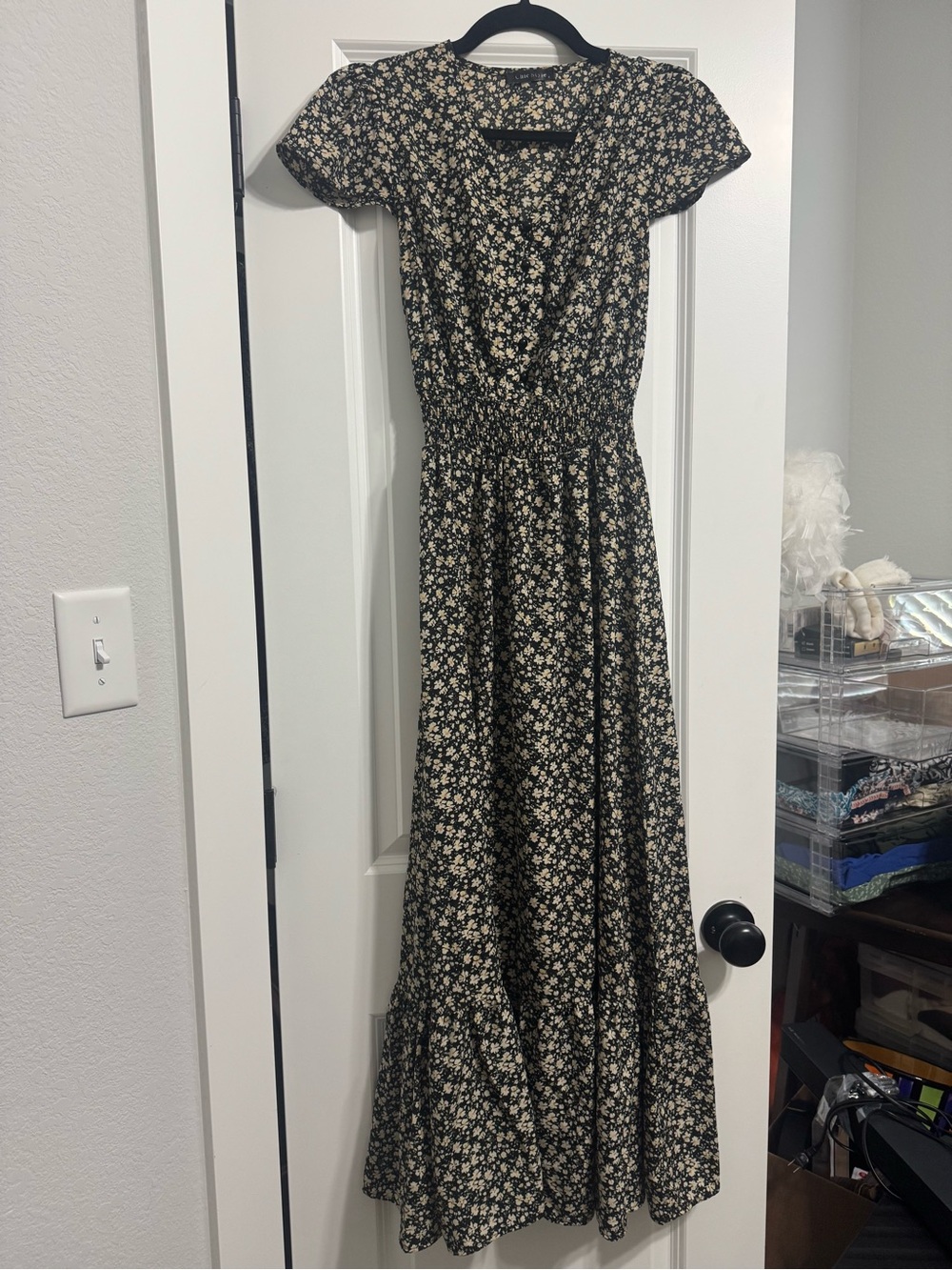 Floral Smocked Waist Maxi Dress - Black with Cream Floral